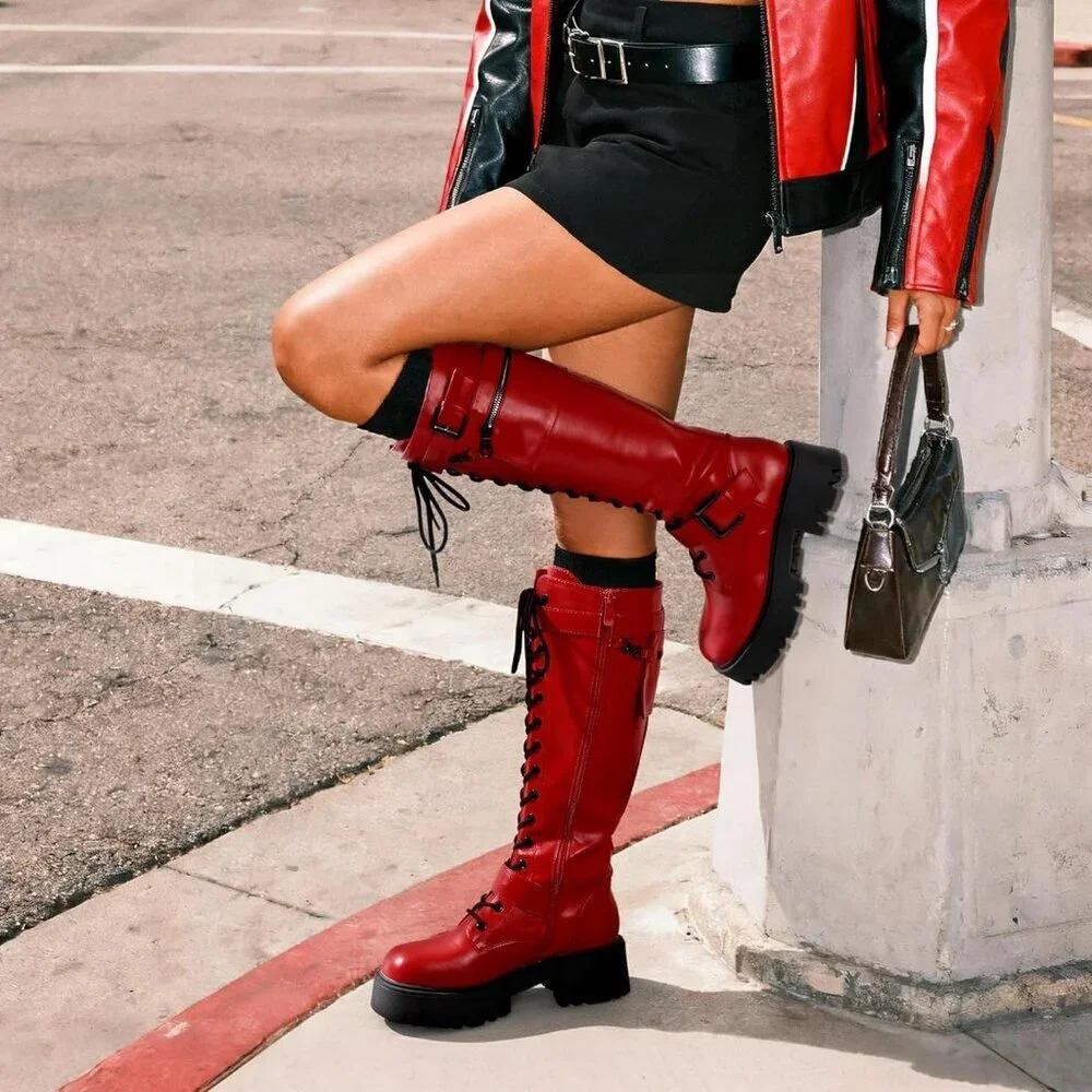 Women's Red DREAM PAIRS Combat Riding Platform Knee-High Boots Lace Up Gothic